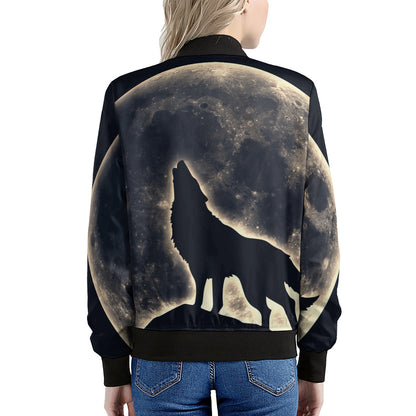 Full Moon Howling Wolf Print Women's Bomber Jacket