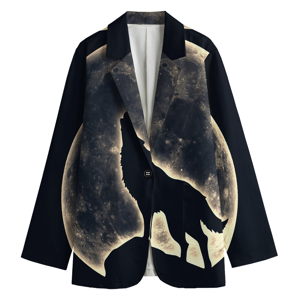 Full Moon Howling Wolf Print Women's Cotton Blazer