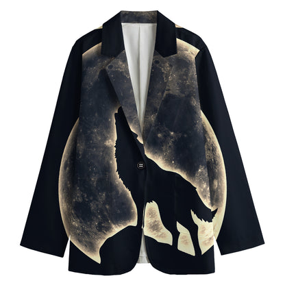 Full Moon Howling Wolf Print Women's Cotton Blazer