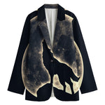 Full Moon Howling Wolf Print Women's Cotton Blazer