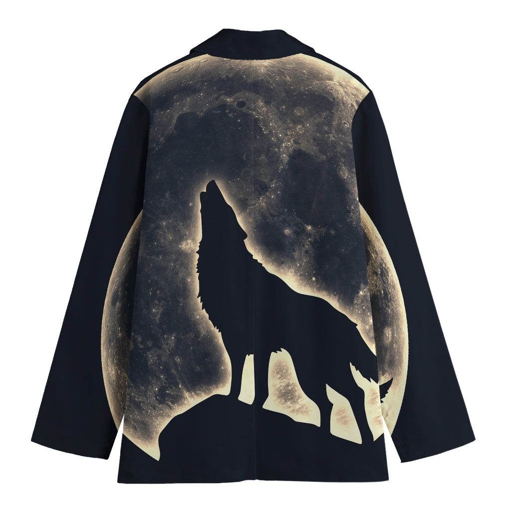 Full Moon Howling Wolf Print Women's Cotton Blazer