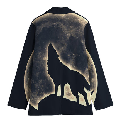 Full Moon Howling Wolf Print Women's Cotton Blazer