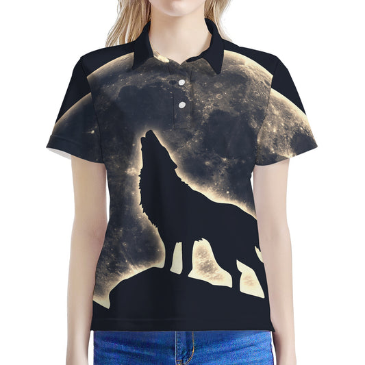 Full Moon Howling Wolf Print Women's Polo Shirt