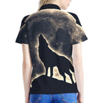 Full Moon Howling Wolf Print Women's Polo Shirt