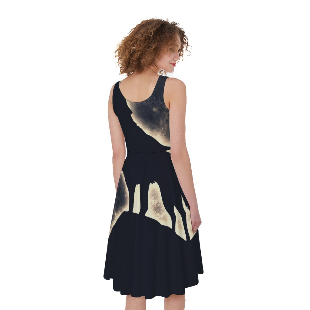 Full Moon Howling Wolf Print Women's Sleeveless Dress
