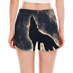 Full Moon Howling Wolf Print Women's Split Running Shorts