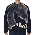 Full Moon Howling Wolf Print Zip Sleeve Bomber Jacket