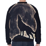Full Moon Howling Wolf Print Zip Sleeve Bomber Jacket