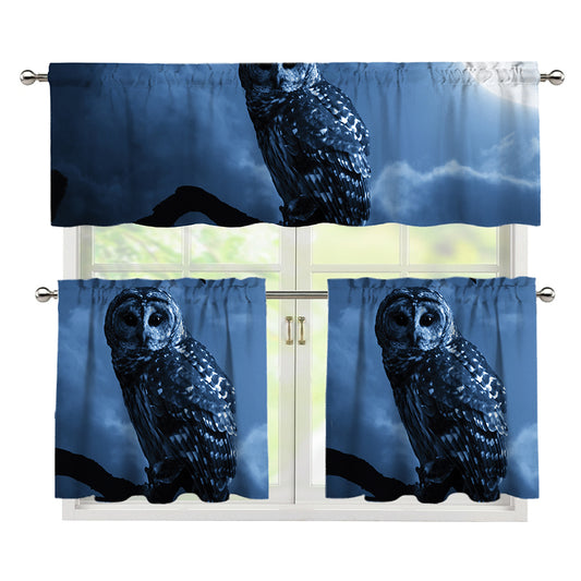 Full Moon Night Owl Print 3 Piece Kitchen Curtains
