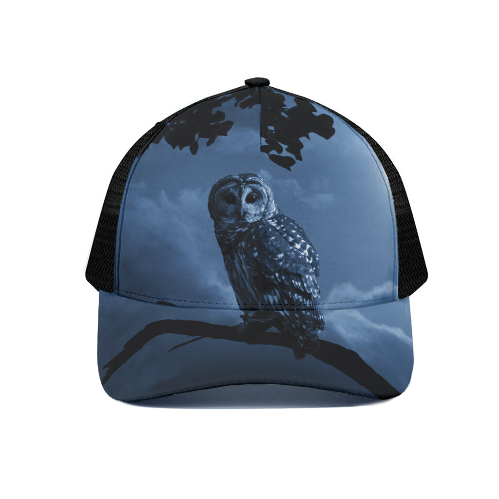 Full Moon Night Owl Print Black Mesh Trucker Cap