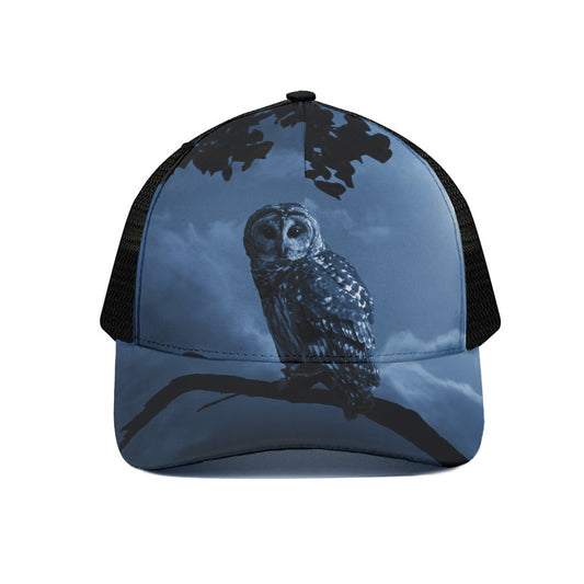 Full Moon Night Owl Print Black Mesh Trucker Cap