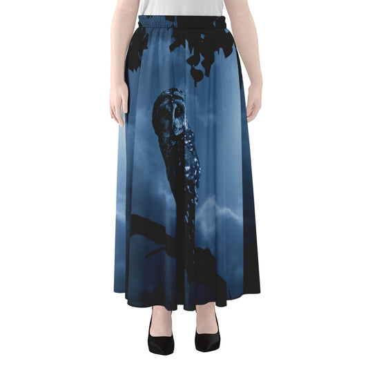 Full Moon Night Owl Print Chiffon Maxi Skirt