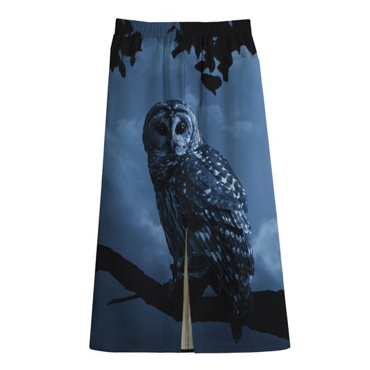 Full Moon Night Owl Print Cotton Front Slit Maxi Skirt