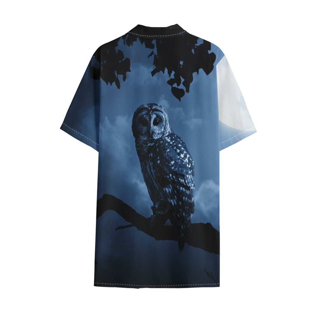 Full Moon Night Owl Print Cotton Hawaiian Shirt