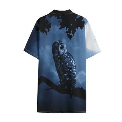 Full Moon Night Owl Print Cotton Hawaiian Shirt