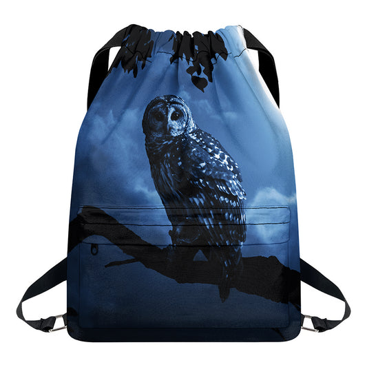 Full Moon Night Owl Print Drawstring Backpack