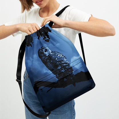 Full Moon Night Owl Print Drawstring Backpack