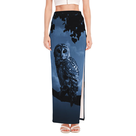 Full Moon Night Owl Print High Slit Maxi Skirt