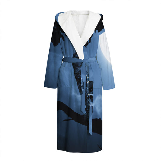 Full Moon Night Owl Print Hooded Bathrobe