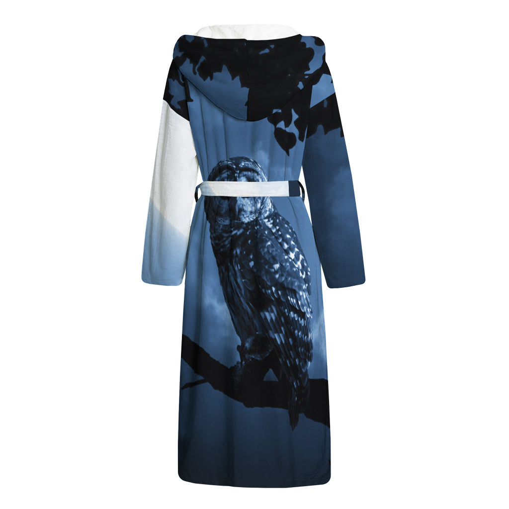 Full Moon Night Owl Print Hooded Bathrobe