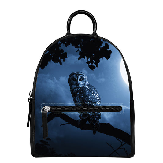 Full Moon Night Owl Print Leather Backpack