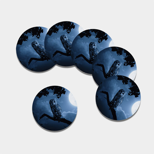 Full Moon Night Owl Print Leather Coaster Set