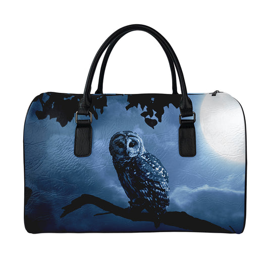 Full Moon Night Owl Print Leather Duffle Bag