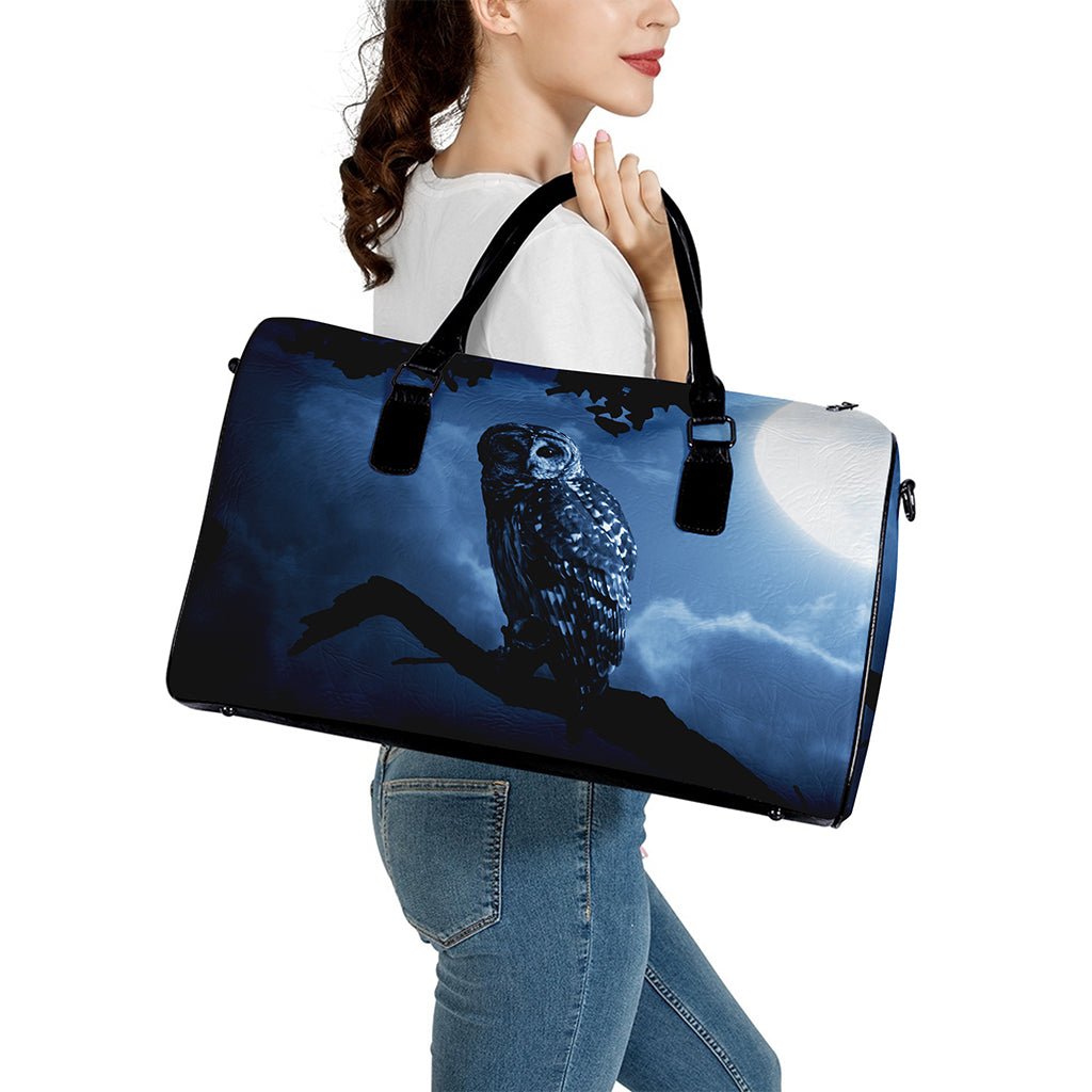Full Moon Night Owl Print Leather Duffle Bag