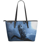 Full Moon Night Owl Print Leather Tote Bag