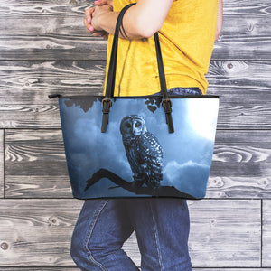 Full Moon Night Owl Print Leather Tote Bag