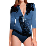 Full Moon Night Owl Print Long Sleeve Swimsuit