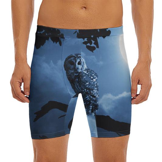 Full Moon Night Owl Print Men's Long Boxer Briefs