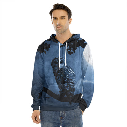 Full Moon Night Owl Print Men's Velvet Pullover Hoodie