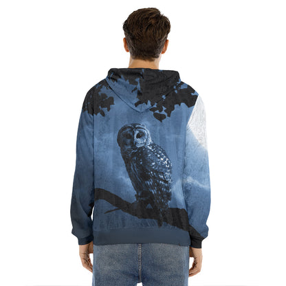 Full Moon Night Owl Print Men's Velvet Pullover Hoodie