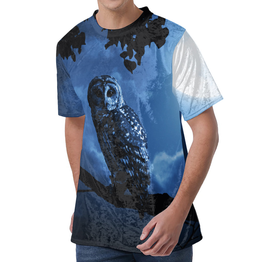 Full Moon Night Owl Print Men's Velvet T-Shirt