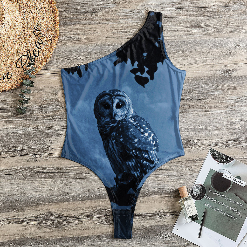 Full Moon Night Owl Print One Shoulder Bodysuit