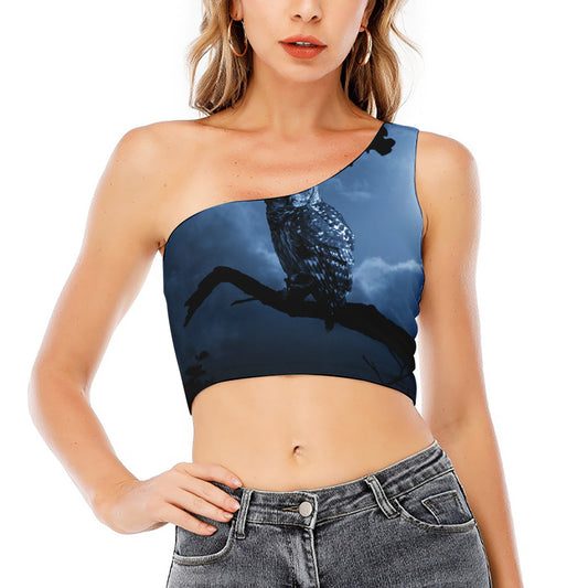Full Moon Night Owl Print One Shoulder Crop Top