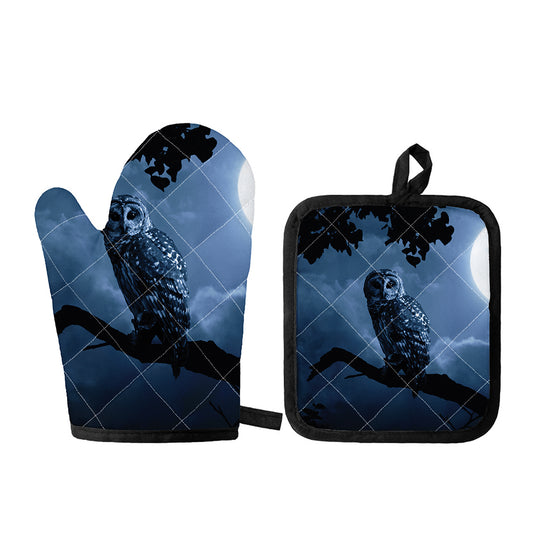 Full Moon Night Owl Print Oven Mitt And Pot Holder Set