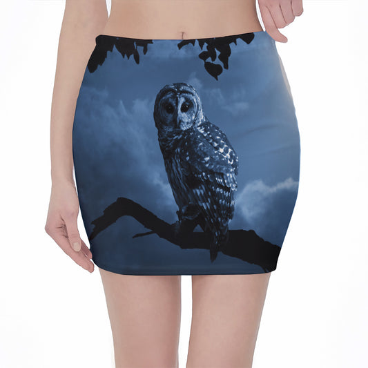 Full Moon Night Owl Print Pencil Mini Skirt