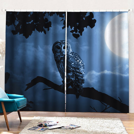Full Moon Night Owl Print Pencil Pleat Curtains