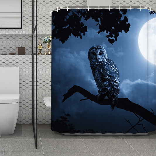 Full Moon Night Owl Print Polyester Shower Curtain