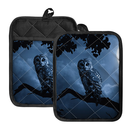 Full Moon Night Owl Print Pot Holders With Pocket