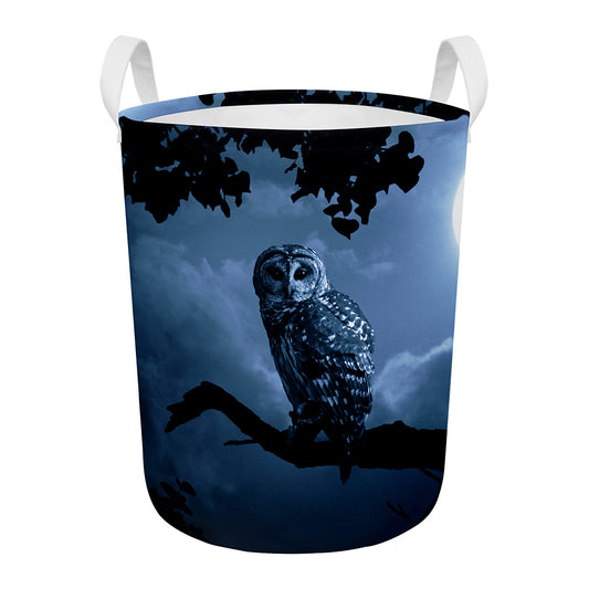 Full Moon Night Owl Print Round Laundry Basket