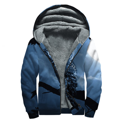 Full Moon Night Owl Print Sherpa Lined Zip Up Hoodie