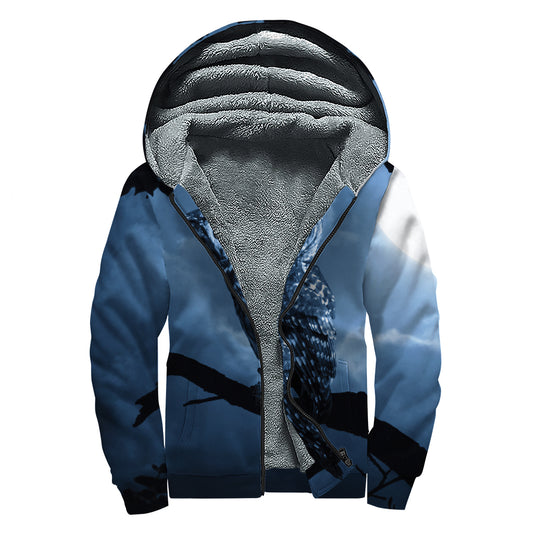Full Moon Night Owl Print Sherpa Lined Zip Up Hoodie