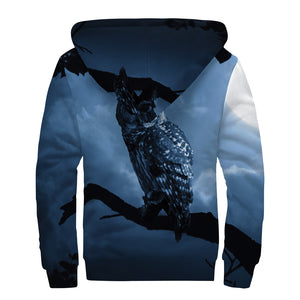 Full Moon Night Owl Print Sherpa Lined Zip Up Hoodie