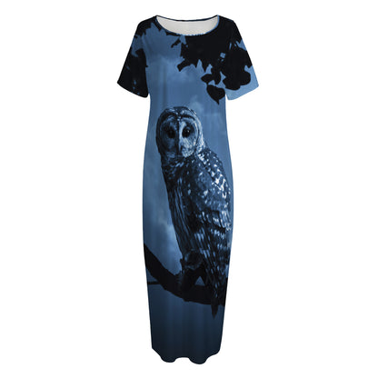 Full Moon Night Owl Print Short Sleeve Long Nightdress