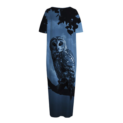 Full Moon Night Owl Print Short Sleeve Long Nightdress