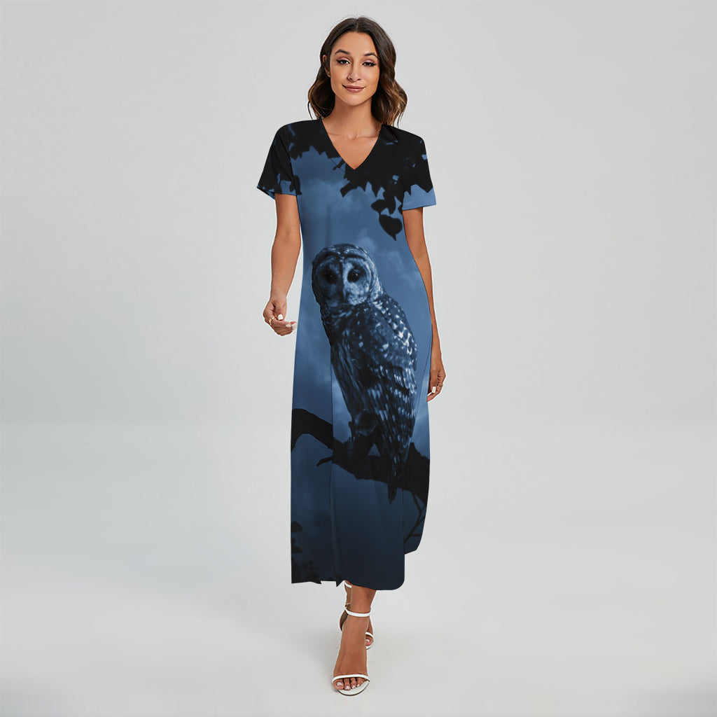 Full Moon Night Owl Print Short Sleeve Maxi Dress