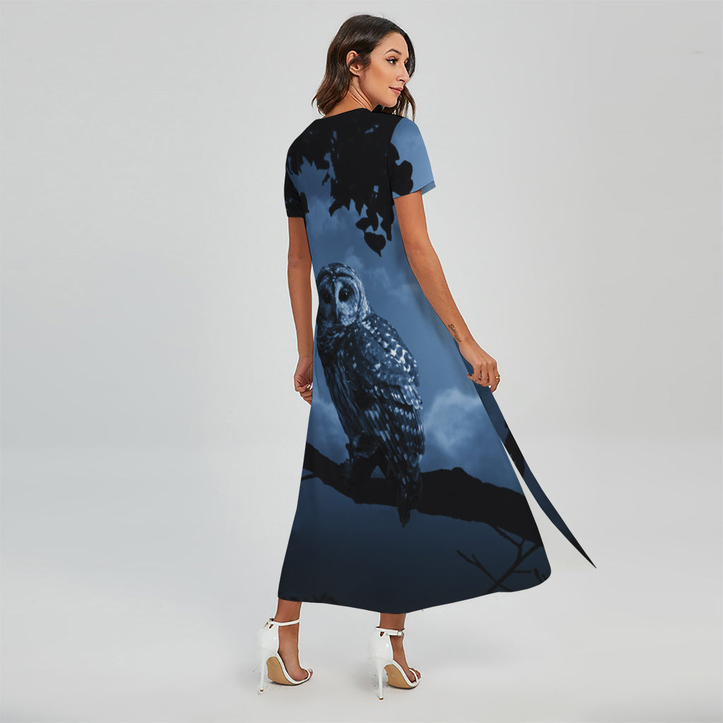 Full Moon Night Owl Print Short Sleeve Maxi Dress
